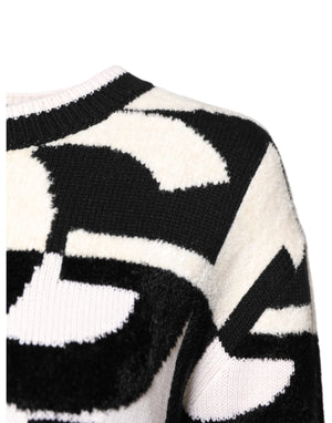 White Black Logo Print Women Pullover Sweater