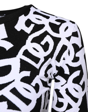 Black White Logo Print Women Pullover Sweater