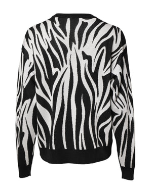 Black White Print Women Pullover Sweater