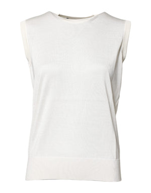 White Silk Round Neck Sleeveless Tank Top