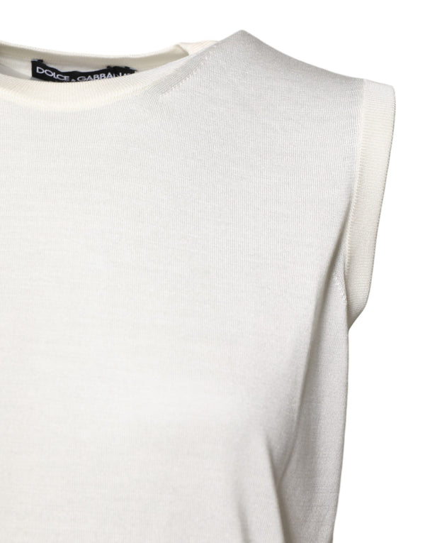 White Silk Round Neck Sleeveless Tank Top