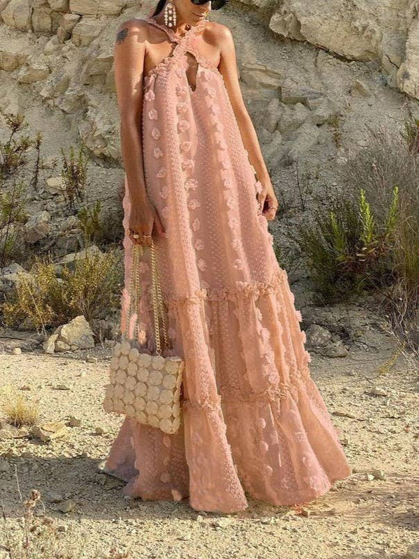 Halterneck Three-Dimensional Flower Cake Dress