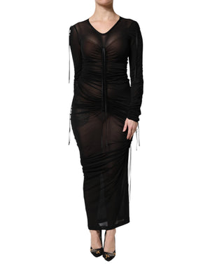 Black Mesh Trim Bodycon Long Sheath Dress