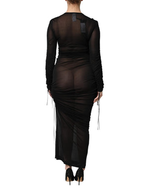 Black Mesh Trim Bodycon Long Sheath Dress
