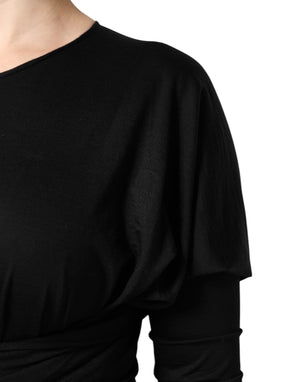 Black Wool Long Sleeves Sheath Midi Dress