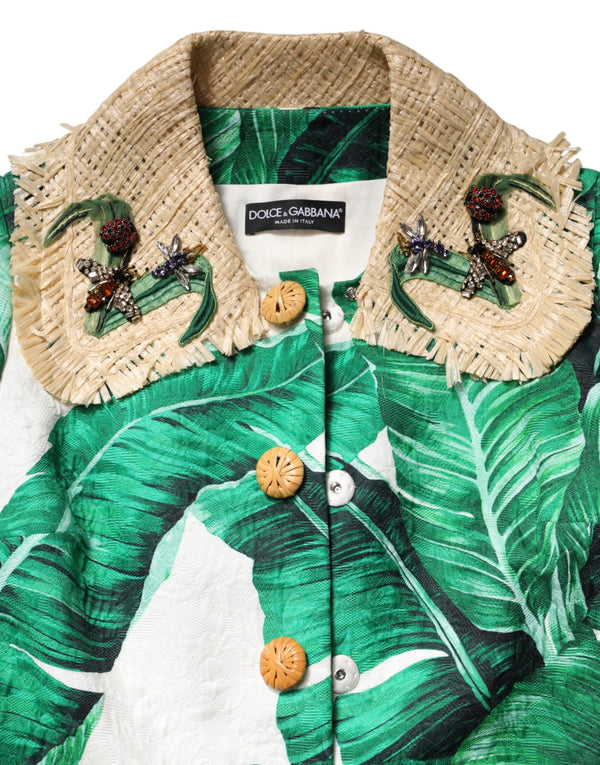 Multicolor Leaf Print Embellished Trenchcoat Jacket