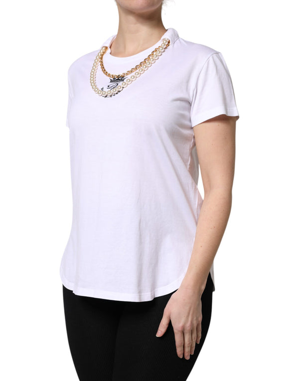 White Chain Pearl Cotton Round Neck T-shirt