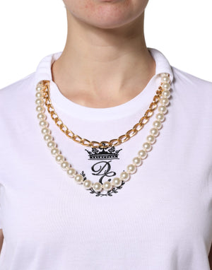 White Chain Pearl Cotton Round Neck T-shirt