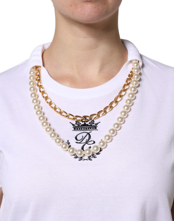 White Chain Pearl Cotton Round Neck T-shirt