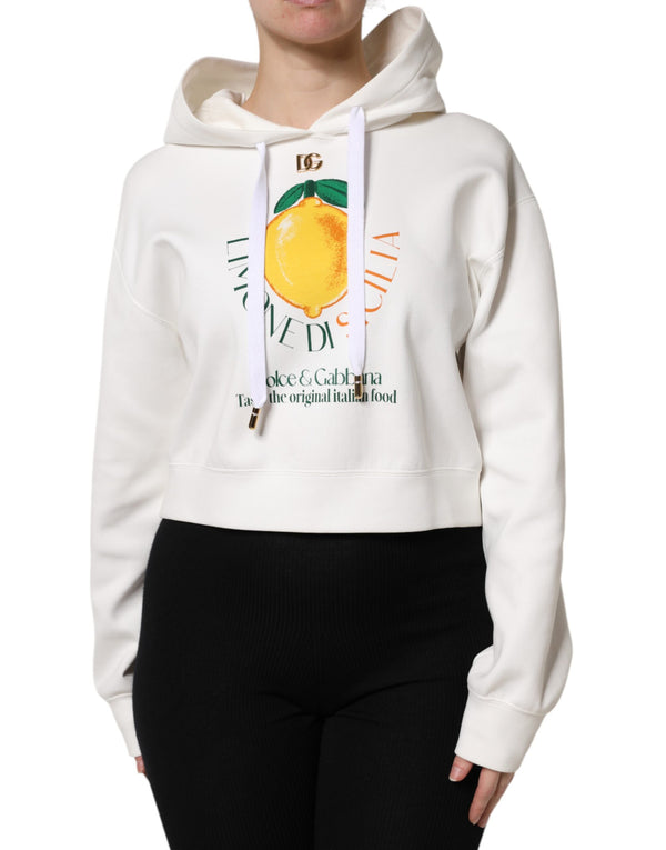 Ivory Cotton Printed Hooded Pullover Sweater