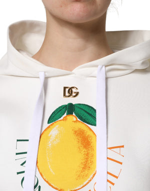 Ivory Cotton Printed Hooded Pullover Sweater