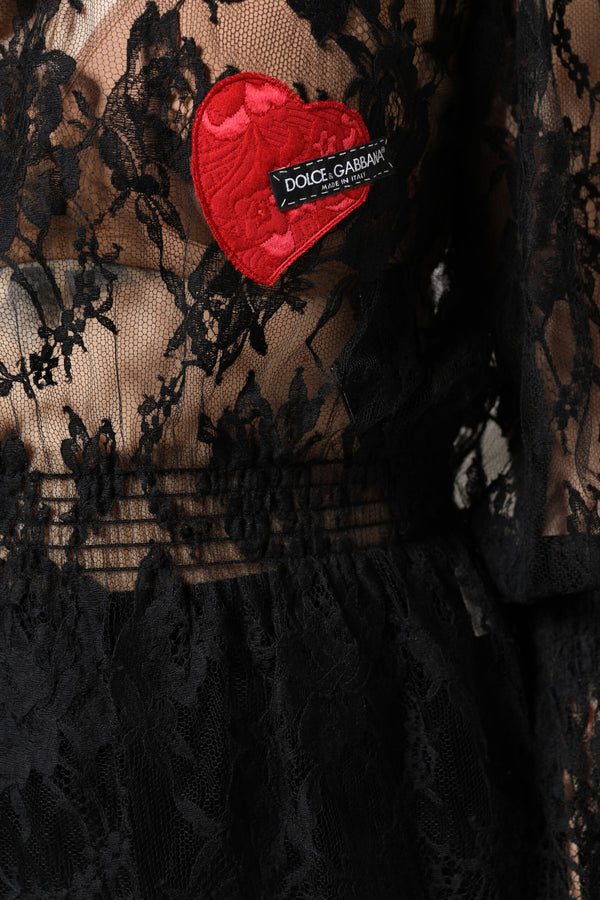 Black Cotton Floral Lace Women Blouse Top