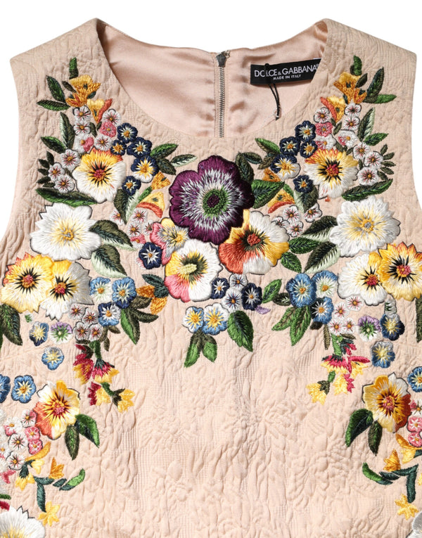 Beige Floral Embroidery Sleeveless Tank Top