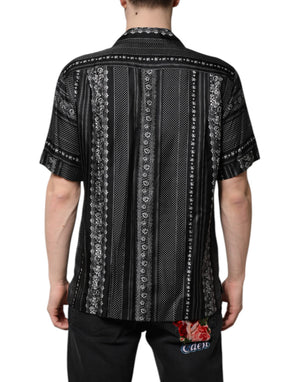 Black Silk Floral Print Short Sleeves Shirt