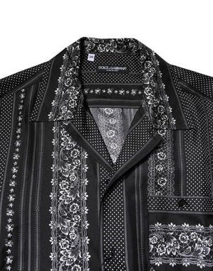 Black Silk Floral Print Short Sleeves Shirt