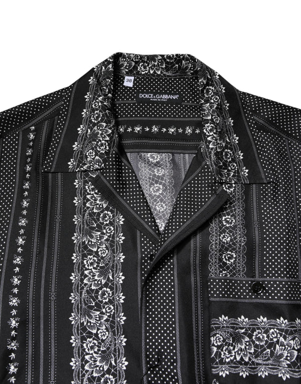 Black Silk Floral Print Short Sleeves Shirt