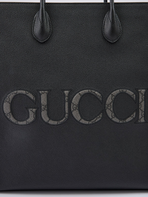 Black Leather Logo Medium Tote Bag