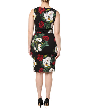 Black Floral Print Sleeveless Sheath Dress
