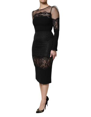 Black Lace Trim Nylon Tulle Sheath Midi Dress