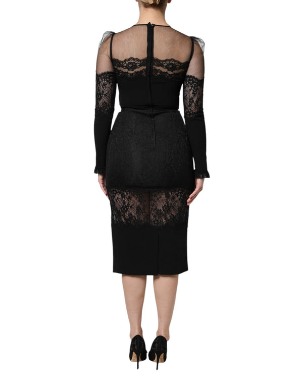 Black Lace Trim Nylon Tulle Sheath Midi Dress