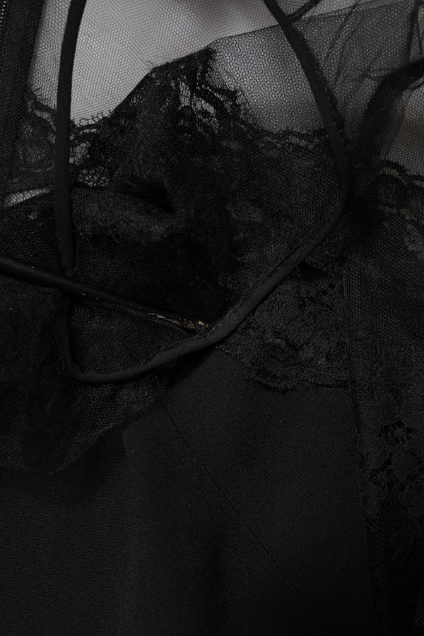 Black Lace Trim Nylon Tulle Sheath Midi Dress