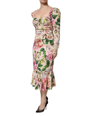 Pink Floral Silk Fit And Flared Midi Dress