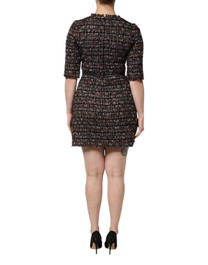 Brown Tweed Short Sleeves A-line Mini Dress