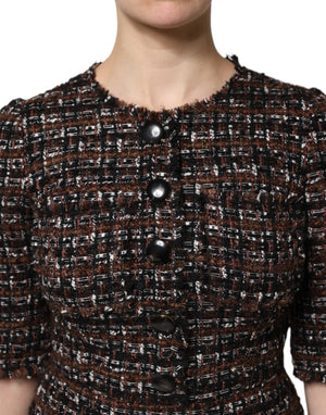 Brown Tweed Short Sleeves A-line Mini Dress