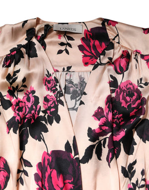 Pink Floral Silk Long Sleeves V-neck Wrap Mini Dress