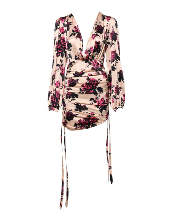 Pink Floral Silk Long Sleeves V-neck Ruched Mini Dress