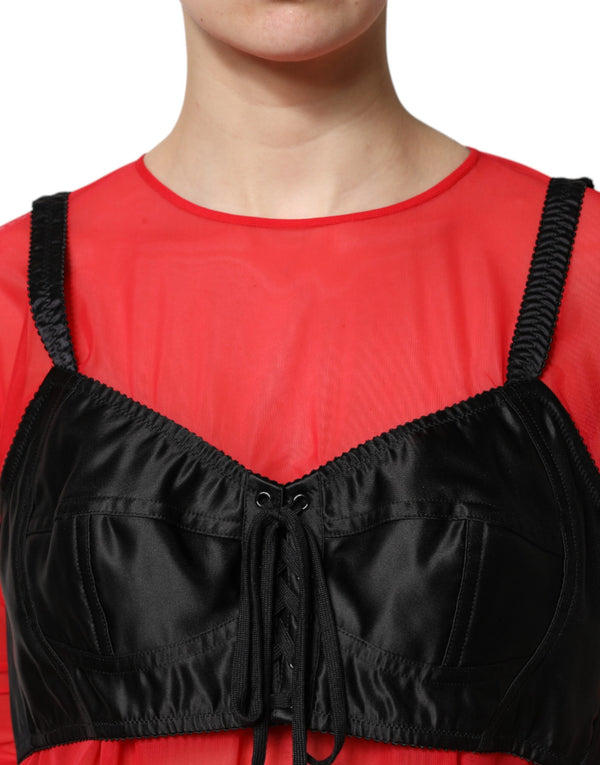 Red Black Bustier Detailing Long Sleeves Top