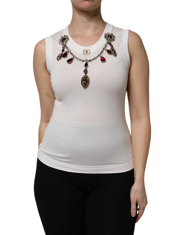 White Cotton Logo Crystal Detailing Tank Top