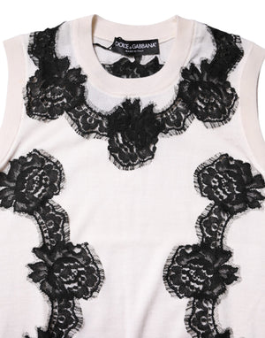 White Cashmere Floral Lace Detailing Tank Top