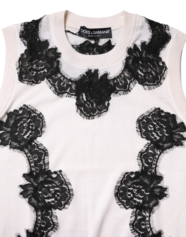 White Cashmere Floral Lace Detailing Tank Top