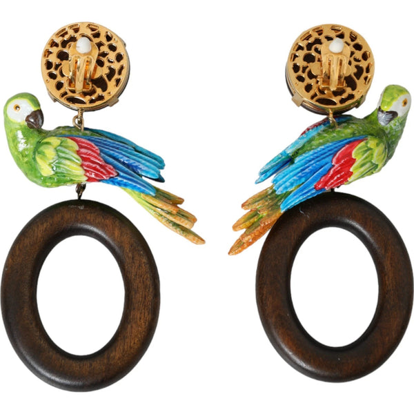 Multicolor Parrot Wood Brass Crystal Embellished Earrings