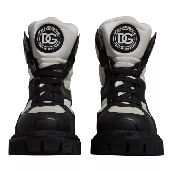 Black White Padded Mid Calf Lace Up Boots Shoes