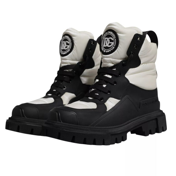 Black White Padded Mid Calf Lace Up Boots Shoes