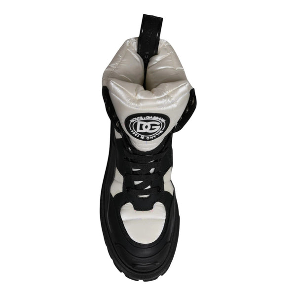 Black White Padded Mid Calf Lace Up Boots Shoes