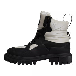 Black White Padded Mid Calf Lace Up Boots Shoes