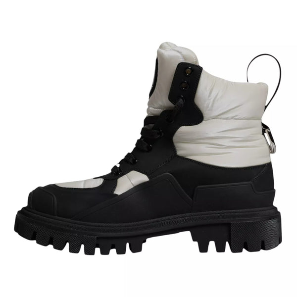 Black White Padded Mid Calf Lace Up Boots Shoes