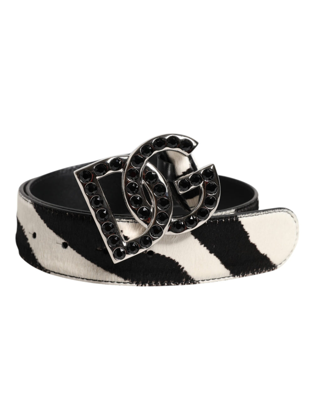 White Black Leather Zebra DG Crystal Buckle Belt