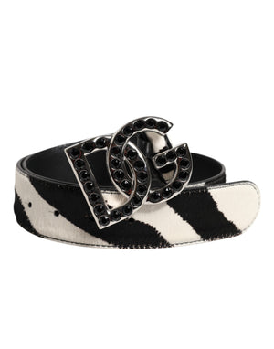 White Black Leather Zebra DG Crystal Buckle Belt