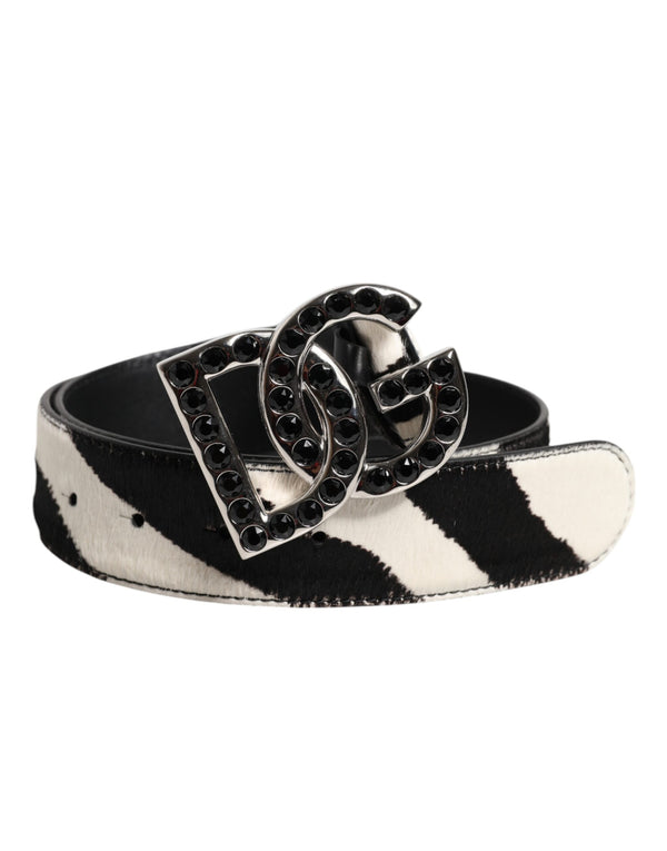 White Black Leather Zebra DG Crystal Buckle Belt