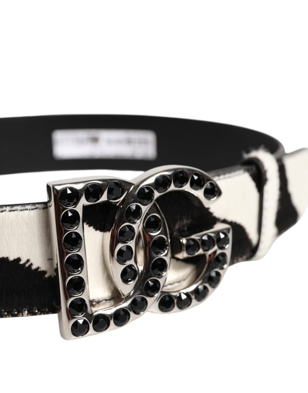 White Black Leather Zebra DG Crystal Buckle Belt