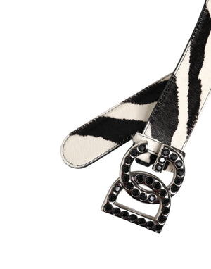 White Black Leather Zebra DG Crystal Buckle Belt