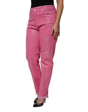 Pink Tattered Mid Waist Tapered Denim Jeans