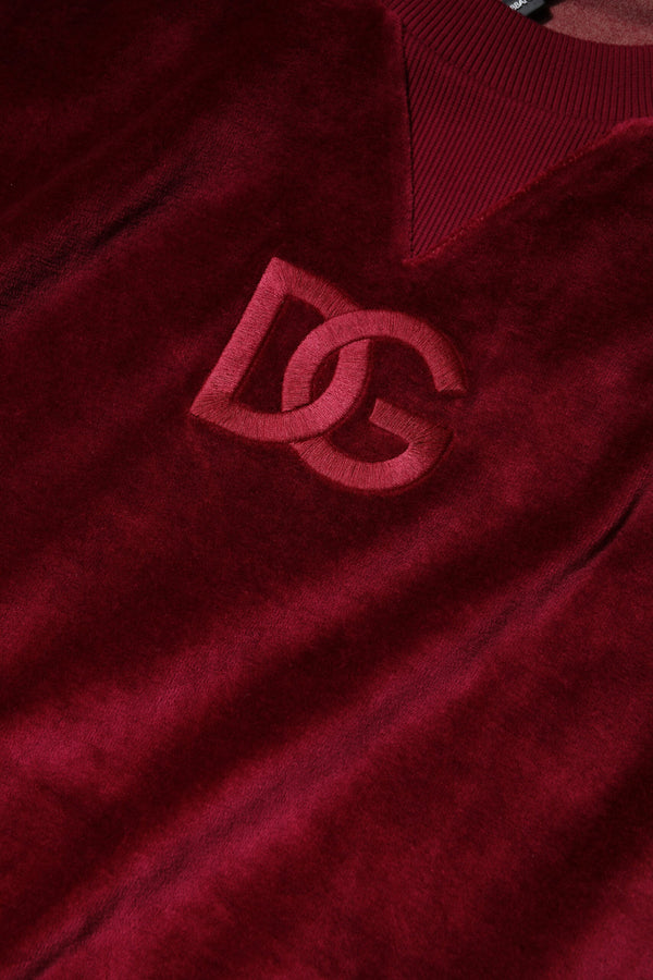 Red Cotton Velvet Crew Neck Pullover Sweater