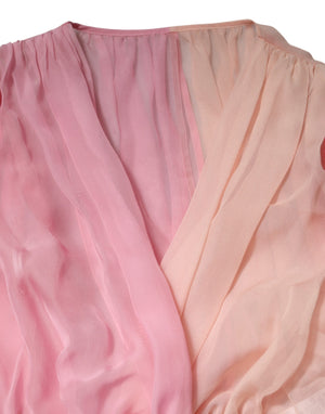 Pink Plunging V-neck Long Sleeves Blouse Top