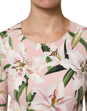 Pink Lily Print Viscose Round Neck Blouse Top