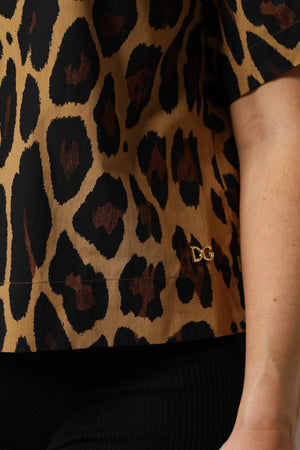 Brown Leopard Short Sleeve Collared Polo Top